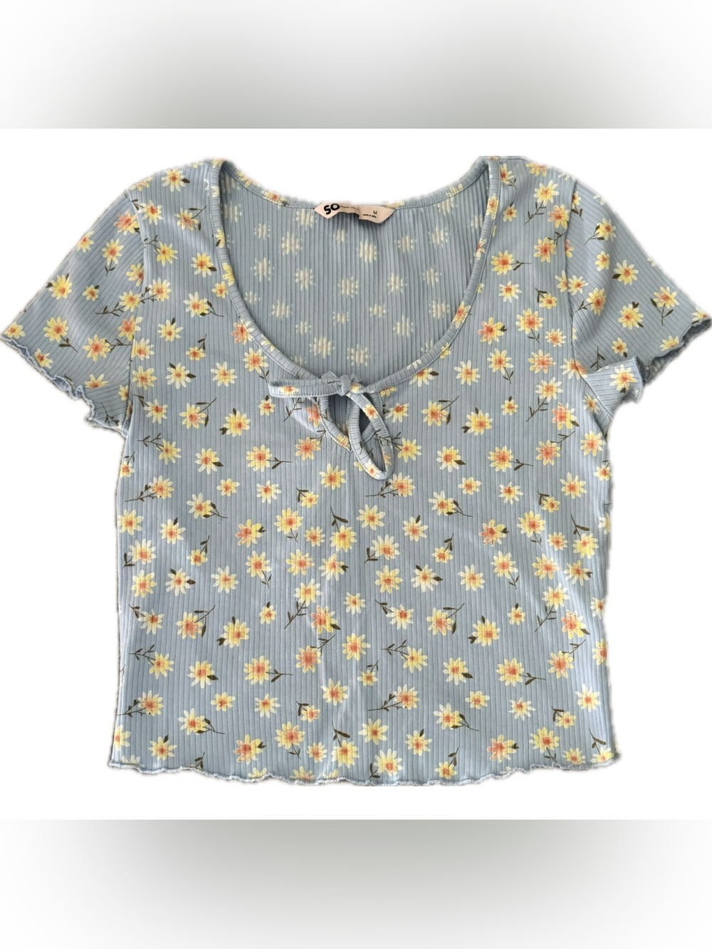 SO Light Blue Floral Tie-Front Ribbed Short Sleeve Top